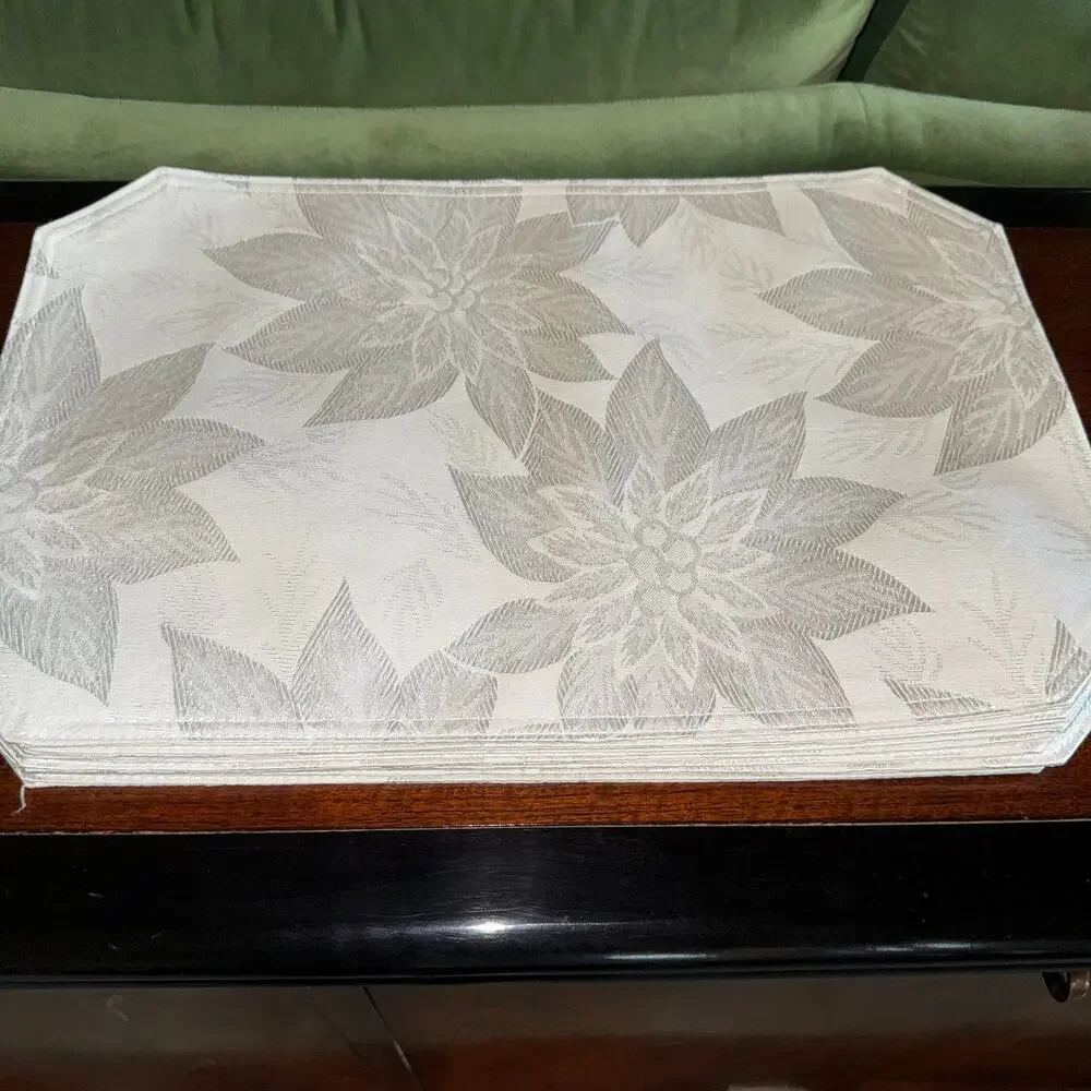 Set of 7 White Woven Poinsettia Pattern Placemats with Cut Corners‎